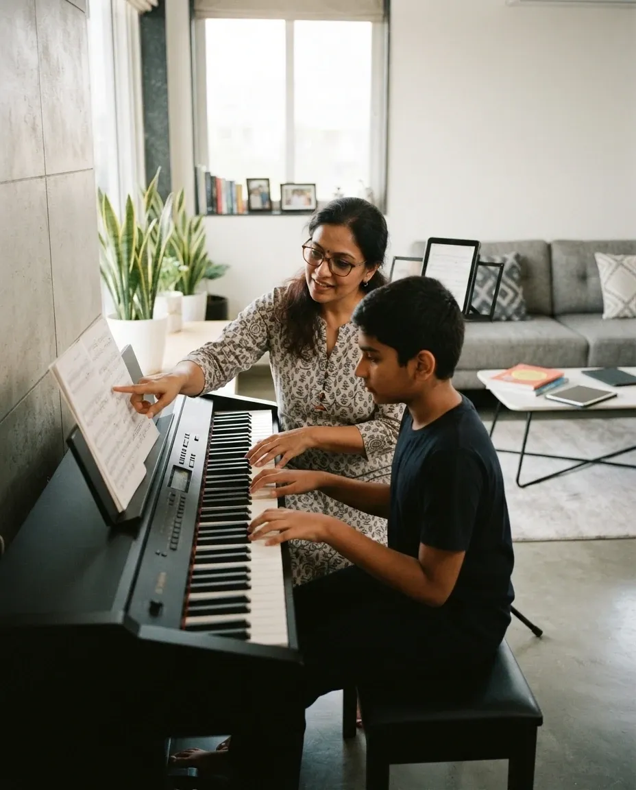 Keyboard lesson at a student's home in Bengaluru