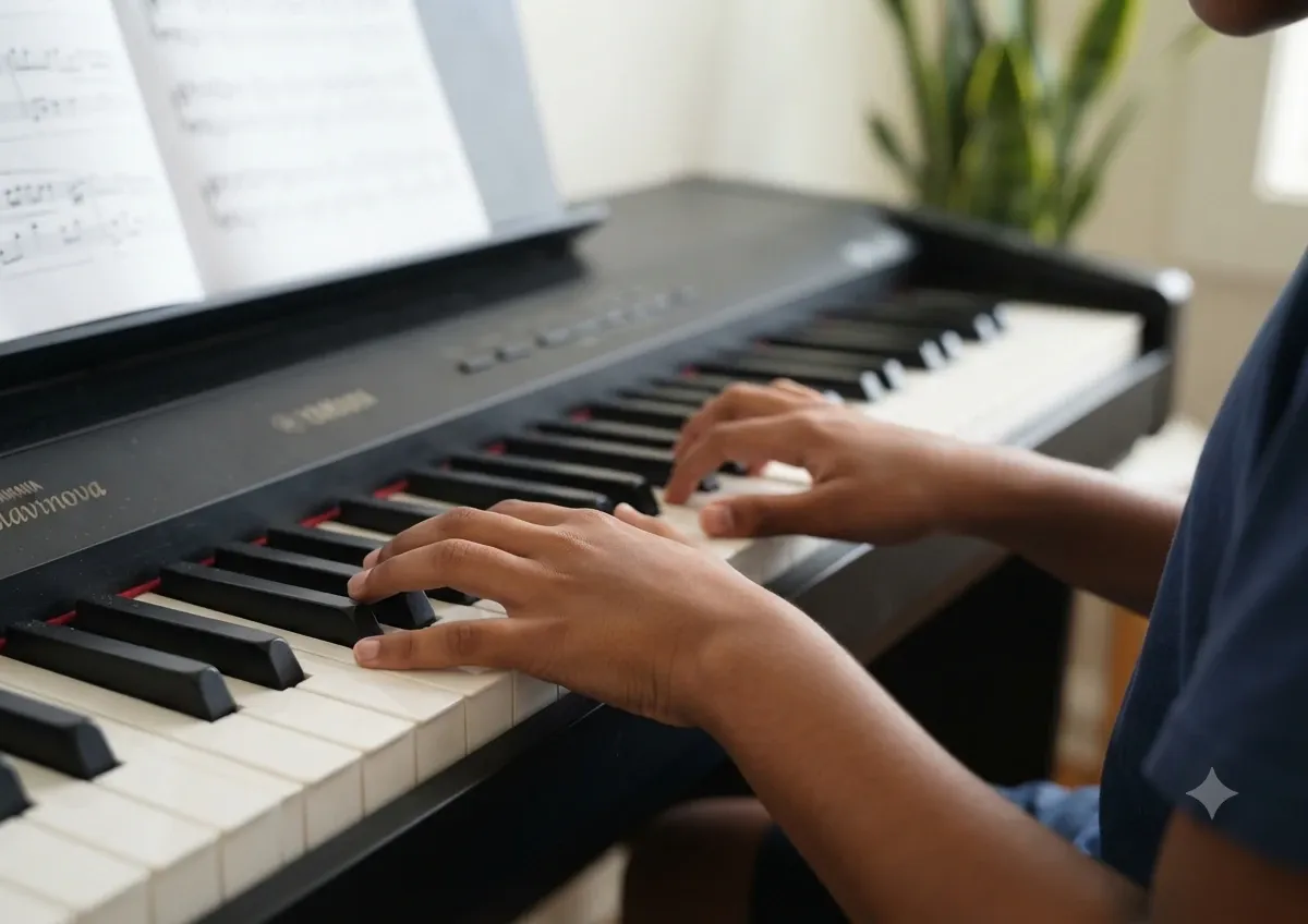 Hands playing a keyboard at home