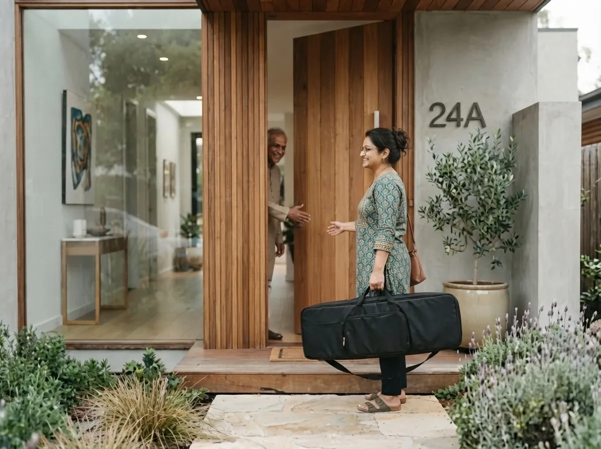 A music teacher arriving at a student's front door