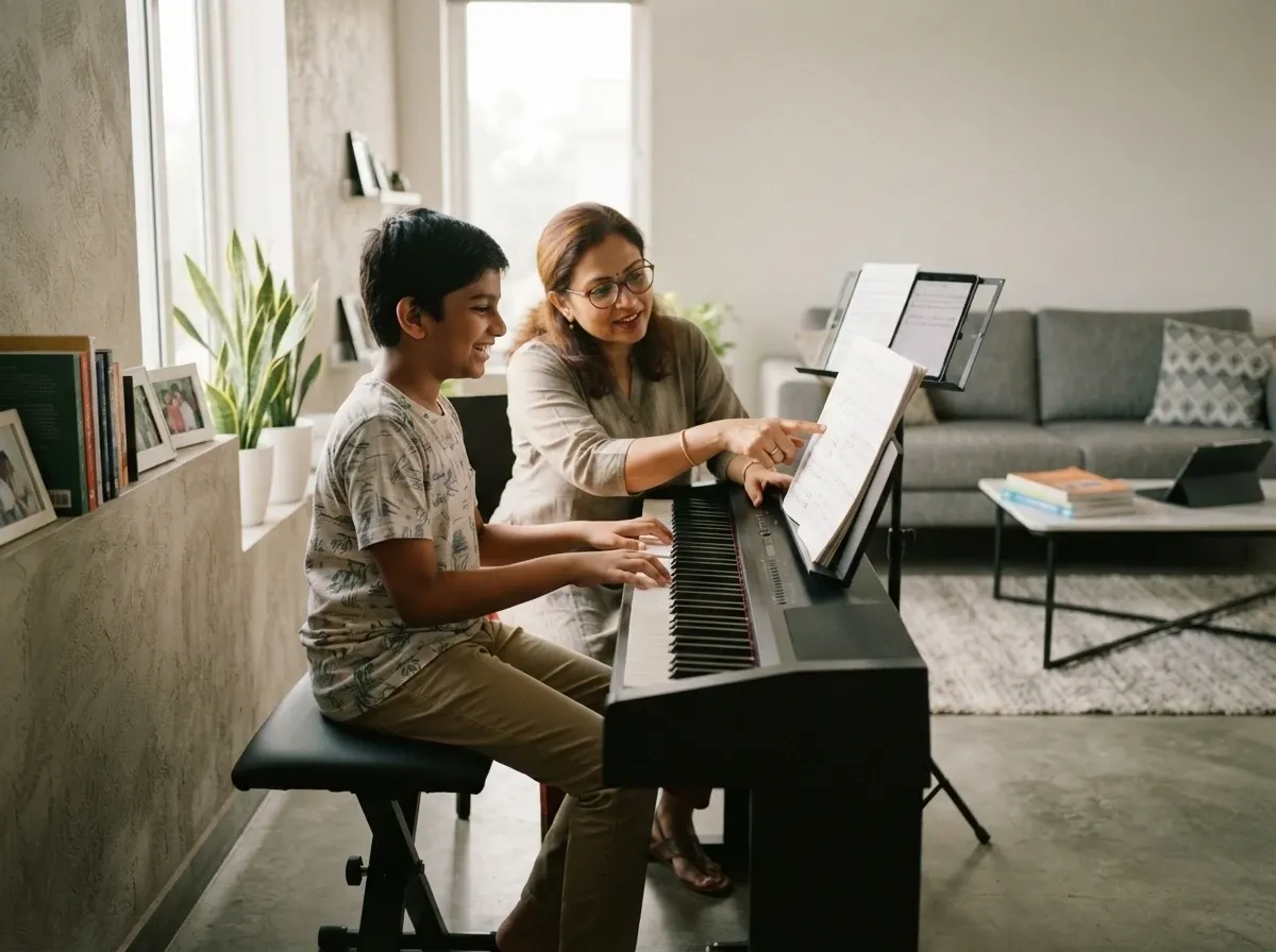 A student's first music lesson at home